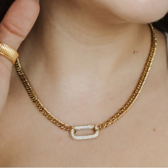 Gold Zircon Rectangular Charm Necklace Chain Link - Picture 6 of 12